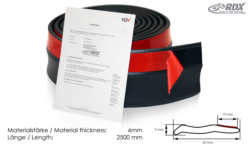 RDX univerzalni lip spojler z TUV - splitter 2,5Mx4,5CM črne barve